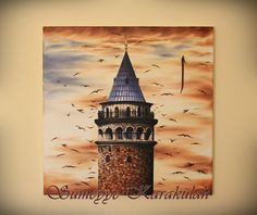 a painting of a tower with birds flying around it and the words summagova karkaliaki