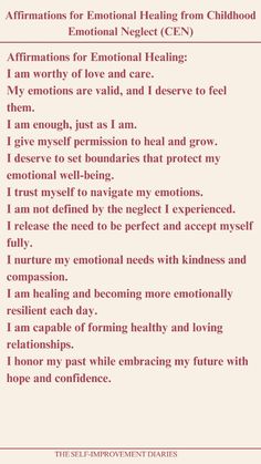 Affirmations can help heal the emotional wounds caused by Childhood Emotional Neglect (CEN). Use these positive affirmations to counteract feelings of worthlessness, emptiness, and emotional disconnection. Embrace your worth and begin your journey toward emotional healing today. Emotional Stability Affirmations, Affirmation For Emotional Healing, Healing From Childhood Neglect, Neglect Wound Healing, Emotionally Neglected Childhood, Emotional Flooding, How To Heal, Elevated Emotions, Healing Childhood Wounds