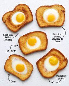 four pieces of toast with eggs in them on a white surface, labelled with instructions