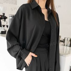 Shein Solid Black Collared Blouse Black Long Sleeve Button Up Dress Shirt Business Casual Top With Collar Neutral Black Chiffon Blouse Minimalist Black Button Down Shirt Size Extra Large Polyester New #Businessattire #Officewear #Backtowork #Interviewclothes #Businesscasual #Minimalist #Oldmoney #Newmoney #Retro #Y2k #Barbiecore #Balletcore #Cottagecore #Vintage #Fairycore #Academia #Kawaii #Grunge #Goth #Pastel #Mermaidcore #Kidcore #Madewell #Urbanoutfitters #Princesspolly #Darkacademia #90s # Modest Button Up Shirt Outfit, Casual Black Button Up Shirt Outfit, How To Style Black Button Up, Style With Black Shirt, Black Long Sleeve Blouse With Button Cuffs, Black Long Sleeve Blouse With Buttons, Black Long Sleeve Blouse For Office, Black Button-up Blouse, Trendy Black Blouse For Office Wear