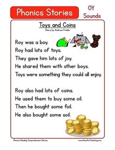 a poster with words and pictures on it that say, phonics stories toys and coins