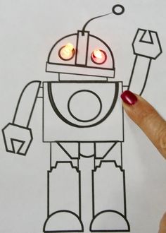 a drawing of a robot with two lights on it's head and one hand