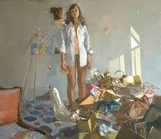 a painting of a woman standing in a messy room