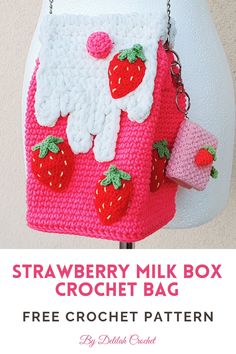 strawberry milk box crochet bag with free pattern on the front and back side