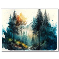 a watercolor painting with trees and mountains in the background