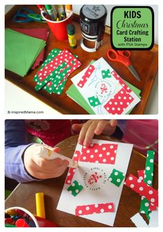 kids making christmas cards with crafting station on the table and in front of them