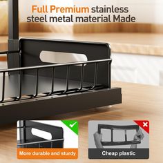 this is an image of a kitchen sink caddy on a table with the words full premium stainless steel material made