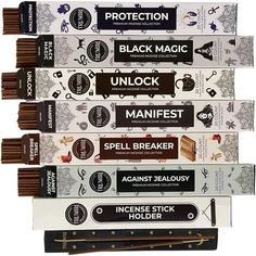 five different types of incense sticks stacked on top of each other in front of a white background