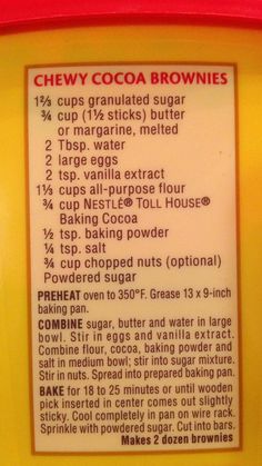 a close up of a sign with instructions on how to make chocolate brownie mix