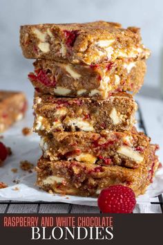 A stack of raspberry and white chocolate blondies on a black cooling rack. White Chocolate Blondies Recipe, Raspberry Blondies, Raspberry And White Chocolate, Whipped Cream Desserts, Blondie Recipe, Chocolate Blondies, White Chocolate Blondies