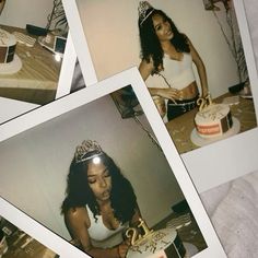 four polaroid photos of a woman wearing a tiara and holding a birthday cake