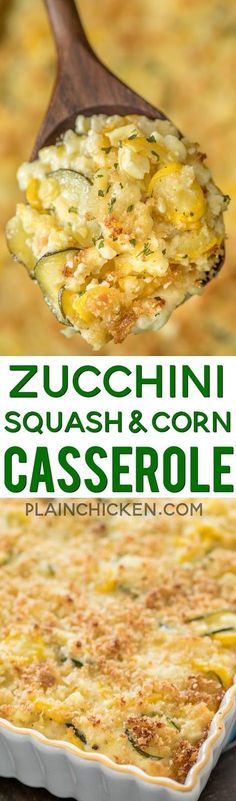 zucchini squash and corn casserole on a wooden spoon with text overlay