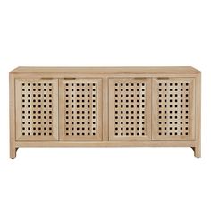 the sideboard is made out of wood and has perfored panels on it