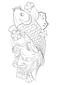 a drawing of a koi fish with leaves on it's back and head