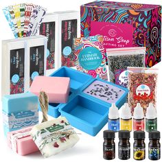 an assortment of crafting supplies including soaps, beads and other items