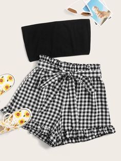 Superventas de Mujer al mejor precio | SHEIN México Crop Tube Top, Gingham Shorts, Strapless Bandeau, Tween Outfits, Pinterest Outfits, Girly Outfits