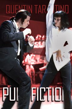 two people are dancing in front of an audience with the words pu fiction written below them