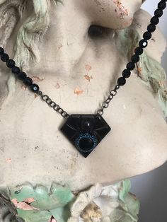 "Assemblage w/Shoe Clip & Atq Button, black beads about 10\" drop. One of a kind!" Wooden Sewing Box, Vintage Assemblage Necklace, You Are Wonderful, Assemblage Necklace, Blue Goldstone, Cameo Pendant, Shoe Clips, Lovely Necklace, Cool Necklaces