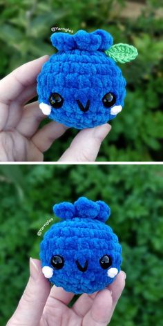 two pictures of a small blue stuffed animal