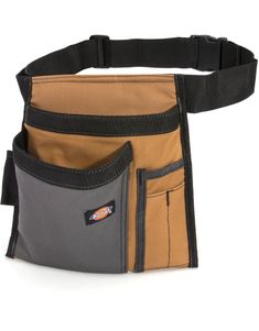 a brown and gray bag with two pockets on it's side, one pocket is open to show the contents