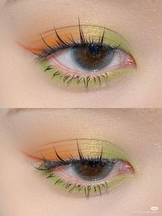 Green Orange Eye Makeup, Orange And Green Eyeshadow, Aesthetic Eye Makeup, Colourful Eyeshadow, Makeup Kawaii, Aesthetic Eye, Everyday Eyeshadow, Maquillage Yeux Cut Crease, Orange Eyeshadow