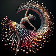 a woman is dancing in the middle of an artistic art work, made out of beads