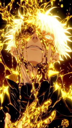 an anime character with blonde hair and black clothes, surrounded by yellow lightenings