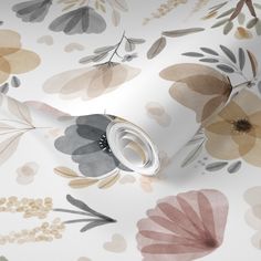 an artistic floral wallpaper with grey, pink and yellow flowers on white grounding