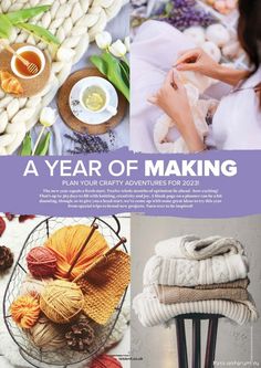 the cover of a magazine with pictures of knits and knitting supplies on it, including yarn