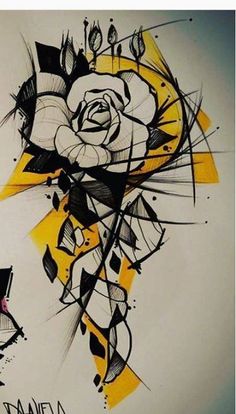 a drawing of a rose with black and yellow lines on the bottom half of it