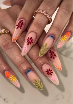 Long Almond Acrylic Nails Green, Peru Inspired Nails, Spring Flower Nails 2024, Mexican Style Nails Almond, Bold Nail Ideas, Mexico Themed Nails, Spring Nail Set Ideas, Midsommar Nails, Garden Nails Design