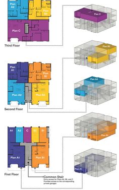 the floor plan for an office building with multiple floors and different colors on each floor