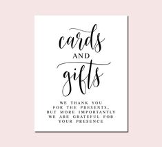 a black and white card with the words cards and gifts written in cursive writing