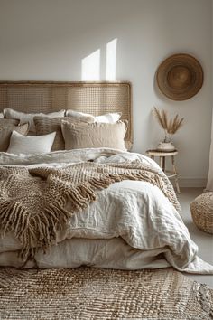 a bed with white linens and pillows in a bedroom next to a wicker basket