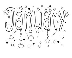 the word january written in black ink with stars and confetti on white paper