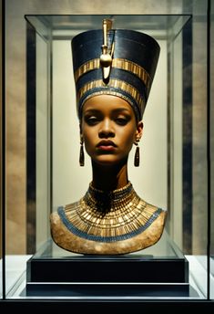 the bust of an egyptian woman in a glass case with gold jewelry on it's head