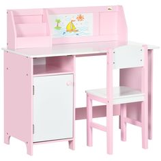 a child's desk and chair set in pink with white trimmings, including a storage compartment