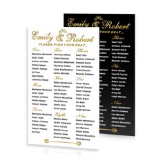 two black and gold wedding seating cards with the names of each event on them,