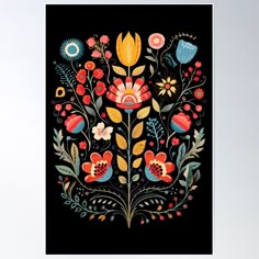 a colorful floral design on black poster