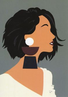 a painting of a woman with black hair and an ear ring on her neck, looking to the side