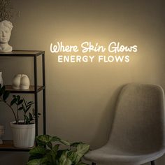 "Where Skin Glows Energy Flows" - what a beautiful and empowering message, especially for an esthetician's space or a med spa! A neon sign with this phrase would not only add a touch of modern flair but also create a soothing ambiance in a skincare or facial room. Plus, it could serve as a lovely focal point for clients, reinforcing the idea of self-care and inner radiance. It sounds like the perfect addition to any injector studio or skincare facility! Package Includes: ✦Neon Sign x 1 ✦110-240 Volt Adapter x 1 ✦Mounting pins x 1 set ✦Dimmer 🌟Tips: ✦Depending on where you are, we supply the appropriate plug (EU, UK, US, AU) ✦Our flexible LED neon tube is a unique neon technology. LED neon lights have a longer lifespan than original glass neon lights. Because they are low voltage, neon sig Aesthetic Facial Room, At Home Esthetician Room Ideas, Med Spa Grand Opening Ideas, Med Spa Decor, Esthetician Ideas, Spa Esthetics, Wellness Collective, Esthetician Decor, Salon Wall Decor