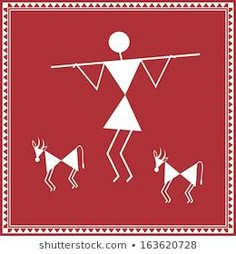 an image of a native american artwork with deers and man in red frame on white background