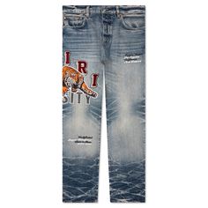 Made for a straight-legged fit, the Amiri Varsity Tiger Straight Jean makes an impression. The cotton-cut jeans incorporate an embroidered tiger motif alongside Amiri logo lettering in chenille detailing. The traditional five-pocket design is treated with a washed and faded vintage effect. 100% cotton Straight leg fit Belt loops Five pocket design Button fly Vintage effect Embroidered patchwork Embroidered branding Style No: PF23MDF016-875 Blue Cotton Jeans With Logo Patch, Amiri Pants, Tiger Jeans, Couple Dates, Mike Amiri Jeans, Family Dates, Amiri Logo, Evisu Multi Pocket Jeans, Amiri Jeans