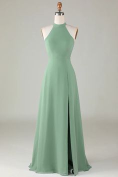 A-Line Halter Open Back Matcha Bridesmaid Dress with Split Front – Buyishang Dresses Mint Green Prom Dress, Dress With Split, Green Prom Dress, Bride Dress, Special Occasion Dresses, Bridesmaid Dress, Pretty Dresses, Occasion Dresses, Green Dress