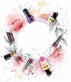 makeup products arranged in a circle with watercolor paint splashes and leaves around it