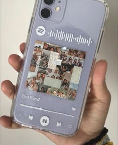 a person holding up a cell phone case with pictures on the front and back cover