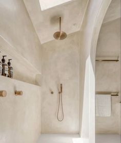 a bathroom with a skylight above the shower