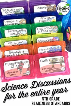 science discussion cards for the entire year are organized in plastic trays with colored labels