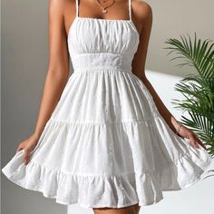 Shein Petite Swiss Dot Shirred Ruffle Hem Cami Cottagecore White Mini Dress, Short White Dress Summer, White Summer Dresses For Women, Short Summer Dresses Casual, Casual White Dress Short, Short White Dress Outfit Casual, White Sun Dress Short, Simple Cute Dresses Casual, Cute White Dresses Casual