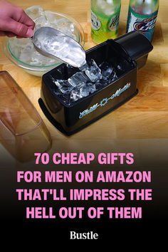 a person scooping ice into an icebox with the words, 70 cheap gifts for men on amazon that'll impress the hell out of them